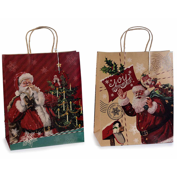 24Pz. Buste sacchetti di Natale in carta naturale decorata con babbo natale cm 26,5x13,5x32,5H